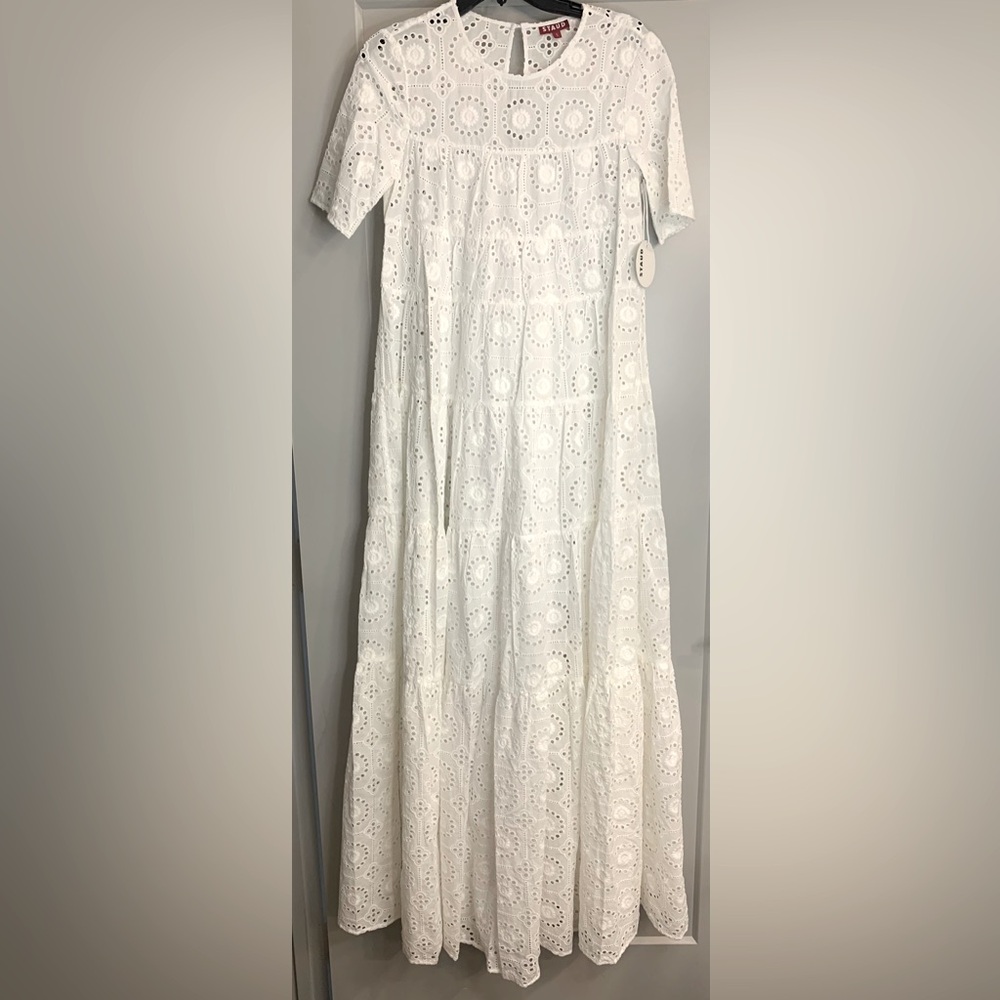 NWT Staud Hyacinth White Eyelet Tiered Maxi Dress Size Small 100% Cotton - Picture 14 of 16